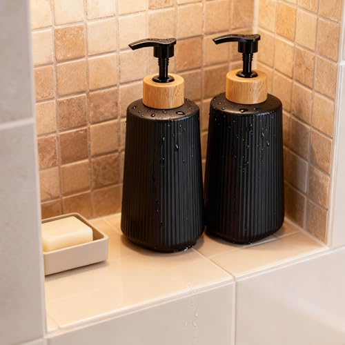 Image of Glass Soap Dispenser, Thickened Glass Hand Soap Dispenser for Bathroom, Kitchen Dish Washing Liquid Bottles, Shampoo and Conditioner Bottles, Modern Farmhouse Style, (Black, Set of 1, 12oz)