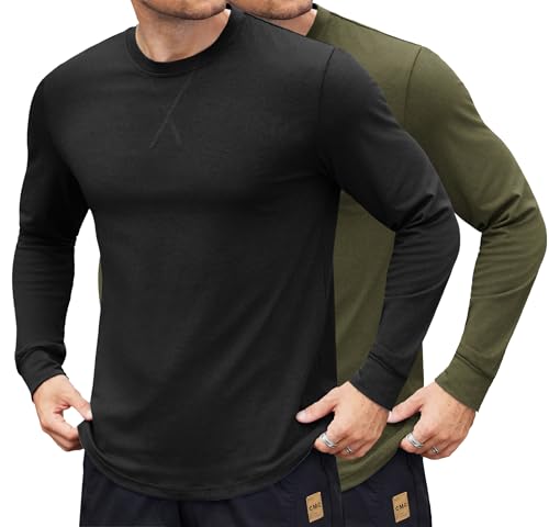 COOFANDY Mens Cotton Hipster Hip Hop Longline Crewneck T Shirts Casual Long Sleeve Tees Curved Hem Gym Shirts