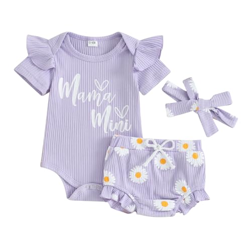 Image of MERSARIPHY Newborn Infant Baby Girl Summer Clothes Mama's Mini Rib Knit Romper Ruffle Sleeve Daisy Short Cute Outfits Set