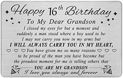 DEGASKEN Grandson 16th Birthday Card - Birthday Gifts for 16 Year Old Grandson - 16th Birthday Decorations for Boys, Personalized Engraved Wallet card
