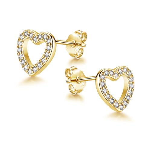 Cangall Ohrstecker Gold, 925 Sterling Silber Herz Ohrringe mit AAAAA Cubic Zirkonia, Hypoallergen 8mm Klein Herz Gold Ohrringe Silber 925, Schlafen Knorpel Tragus Ohrstecker Geschenke für Mädchen