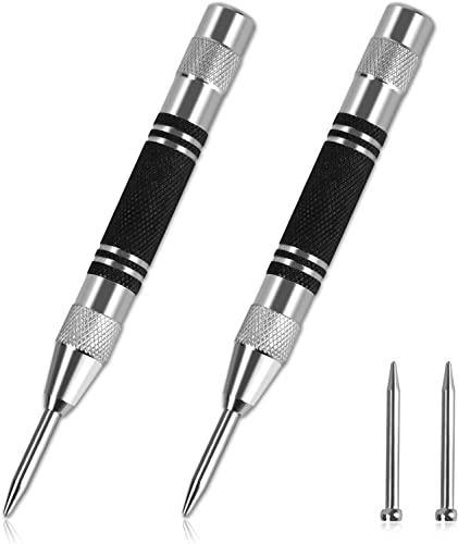 2 pièces Pointeau Automatique,128mm Pointeau Automatique Impact Réglable,Poinçons Centraux à Ressort,Livré avec 2 têtes de rechange en métal, pour Bois, mur, plastique,métal mou,verre de fenêtre