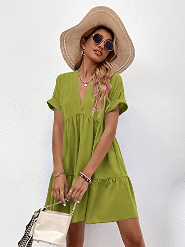 Image of WDIRARA Women's Roll Up Short Sleeve V Neck Ruffle Hem Solid Swing Smock Dress
