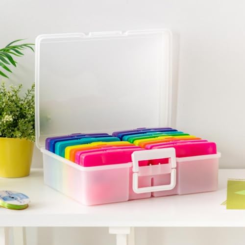 Image of IRIS USA 4 inch x 6 inch |Made in USA| 2-Pack Photo Organizers and Picture Storage Box with Handle, 16 Inner Cases /Containers for Tasks, Stickers, Ephemera, & Flashcards - Clear /Multi-Color