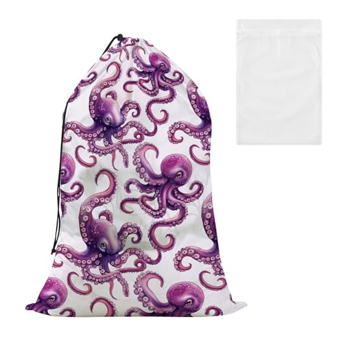 Bolsa de almacenamiento para ropa sucia con diseño de animales morados, color blanco, con bolsa de lavado de malla para lavandería, para dormitorio universitario, bolsas de manta resistentes para