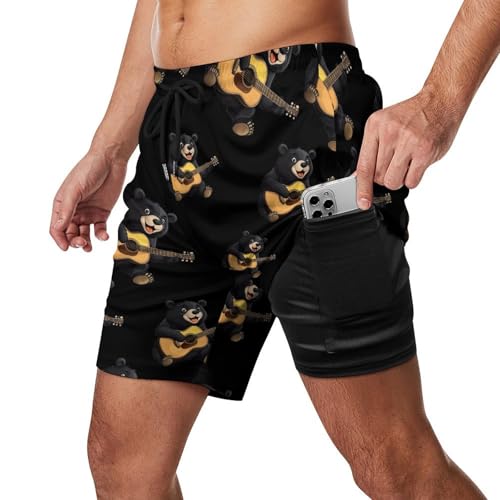 Bear Playing Guitar Bear Guitarist Music Mens Swim Trunks Quick Dry Beach Board Shorts with Pockets2