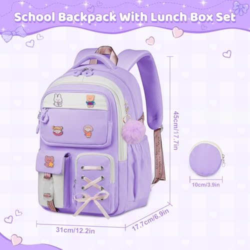 Girls Backpack with Coin Purse, Cute Purple/White Bookbag for Kids Teen, Kawaii Aesthetic Elementary School Backpack2