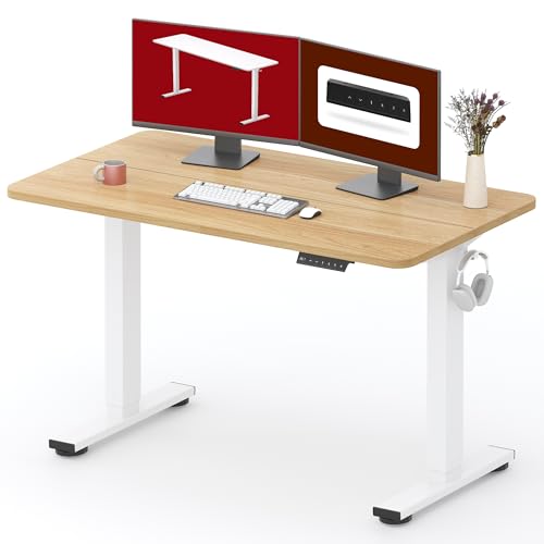 Image of SANODESK Height Adjustable Electric Standing Desk 48x24 Inches, Sit Stand Desk with Splice Board for Home Office, Ergonomic Computer Workstation, Study & Gaming, White Frame /Maple Top