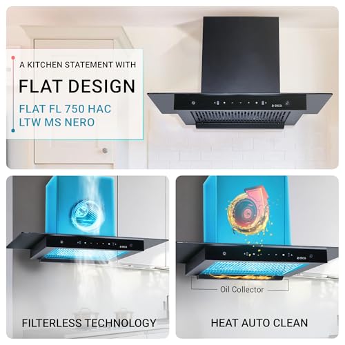 Image of Elica 75cm 1500 m3 /hr Filterless Autoclean Kitchen Chimney T-Shape with 15 Years Motor & 5 Years Comprehensive Warranty | FLAT FL 750 HAC LTW MS NERO | Black | Touch + Motion Sensor Control