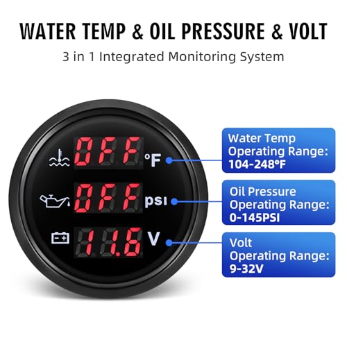 MAIMEIMI Triple Gauge Set 3 in 1 (Oil Pressure PSI + Watertemp °F + Volt) 2-1/16