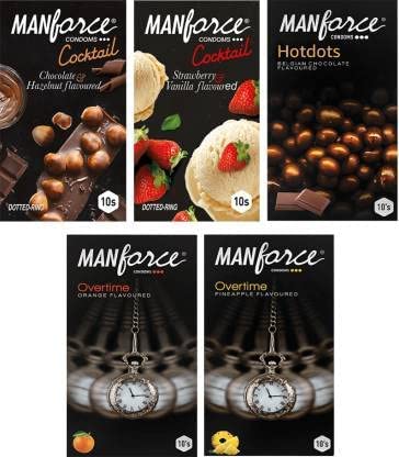 MANFORCE NEW HOTDOTS AND OVERTIME AND COCKTAILS_DOTTED FLAVOR COMBO PACK FOR MENS Condom (Set of 5, 50 Sheets)