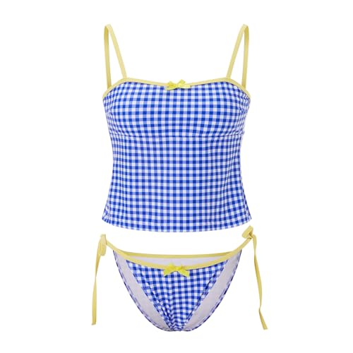 Women Plaid Bikini Set Square Neck Spaghetti Strap Crop Tops Tie-up Low Rise Thongs 2 Pcs Bathing Suit Outfits3
