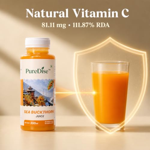 Image of Puredise Himalayan Sea Buckthorn Berry Juice 300 ml - Natural Vitamin C, Omega 3 6 7 9, Antioxidants For Immunity, Skin Glow & Gut Health - Makes 50 Glasses - Lab Tested