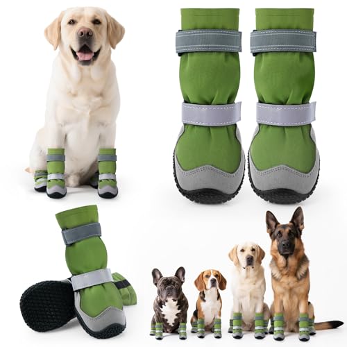 Winter Dog Snow Boots with Fleece Lining, Dog Shoes for Medium Large Size Dogs, Waterproof Dog Booties and Paw Protectors, Anti-Slip & Reflective Dog Shoes for Snow Outdoor, Hiking (Green-Size 6)