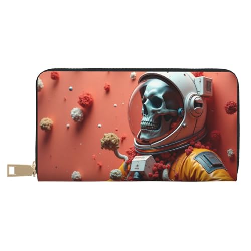 Cool Orange Astronaut Skull Print Wallet Women, Leather Bifold Multi Card Wallet, Long Purse Women's Wallets