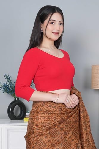 Image of Mlada V-Neck Stretchable Saree Blouse Top for Women | Slim Fit 3 /4th Sleeves Solid Cotton Blouses | Readymade Saree Blouses for Women Festive & Ethnic | Blouse Crop Top