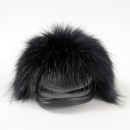 Image of MH Bailment Womens Furry Fluffy Slippers Faux Fur House Slippers Open Toe Fuzzy Slides Soft Flat Slip On Sandals for Indoor Outdoor