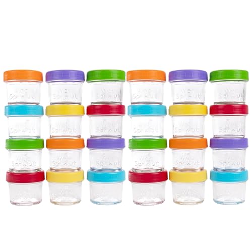 Image of WeeSprout Baby Food Storage Glass Jars w/Lids (4 oz, 24 Pack) Bright Variety, Snack, Reusable Small Containers, Fridge or Freezer, Microwave & Dishwasher Safe, Essentials for Infants