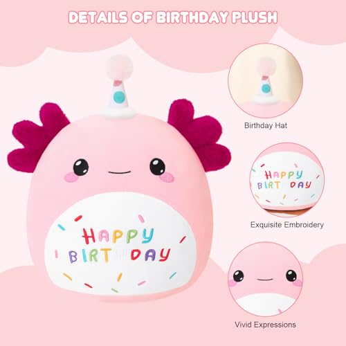 Image of SQEQE Happy Birthday Axolotl Plush Axolotl Stuffed Animal Toy Pink Birthday Plushies Home Decor for Girls Boys Kids (8Inch)