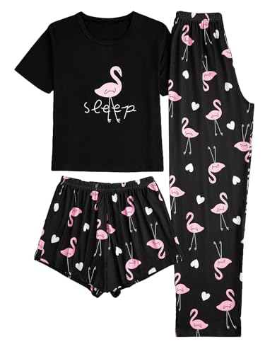 Verdusa Women's 3 Piece Cartoon Print Pajama Sets Tee Top And Shorts Pants Pjs