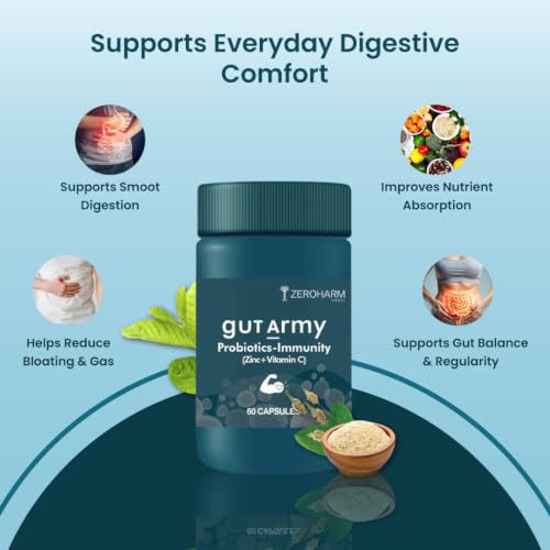 Image of ZEROHARM Gut Army Probiotics & Prebiotics | Psyllium Husk, Lactobacillus Acidophilus, Vitamin C & Zinc | Immunity and Gut Health Supplement | Promotes Natural Gut Health & Digestion | 60 Veg Capsules