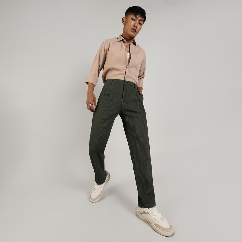 Image of CAHOOT Men's Forest Green Textured Graph Check Trousers for Casual Wear | Tailored Fit | Mid-Rise | Button Closure | Trousers Crafted with Comfort Fit for Everyday Wear