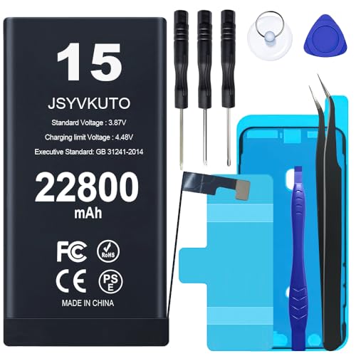 JSYVKUTO 22800mAh Battery for iPhone 15 New 0 Cycle Upgraded Higher Capacity Replacement Battery for iPhone 15 with Full Set Repair Tool Kit Model A2846A3089A3092A3090