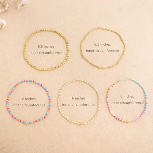 Gold Beaded Stack Bracelets Set for Women, 5Pcs Cute Boho Handmade Colorful Small Beaded Stackable Friendship Stretch Bracelets Prom Jewelry Gift.3