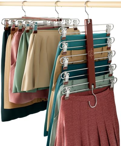 MORALVE Rockbügel Platzsparend mit Clips – 2er-Pack – 5-stufiger Kleiderbügel aus europäischem Buchenholz für Shorts, Röcke und Hosen – Kleiderschrank Organizer mit 360° drehbarem