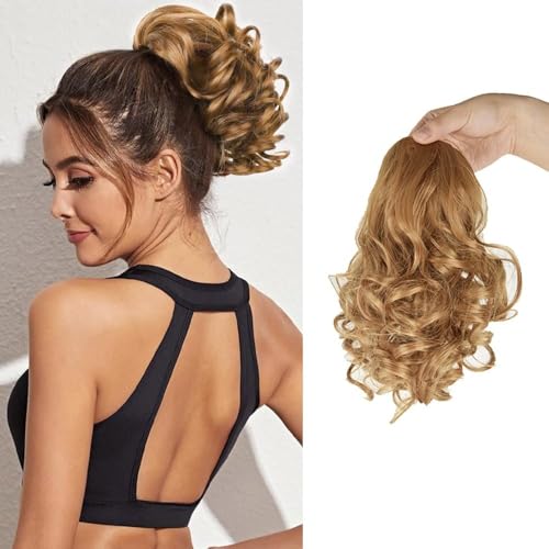 XFSRG Extension Cheveux Synthétique Ondulée 23 Cm Queue de Cheval Courte Bouclée avec Cordon pour Femme Postiche Naturel pour Usage Quotidien (Brun doré)