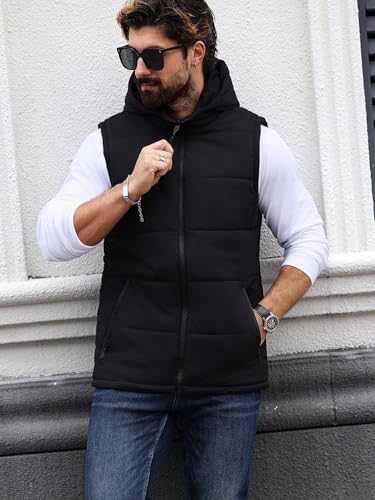 Image of SOLY HUX Men's Zip Up Puffer Vest Sleeveless Hoodies Coat Warm Outerwear with Pockets Plain Black Medium