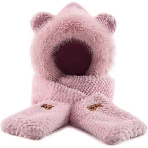 Winter Hooded Scarf for Women Cute Bear Ear Hat Scarf 3 in 1 Faux Fur Gloves Set Soft Warm Hat with Mittens