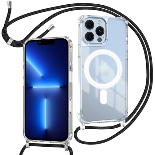 ZYIMOU für iPhone 13 Pro Hülle mit Band Kompatibel mit MagSafe Transparent Magnetische Handyhülle mit Kordel zum Umhängen Handyband Stossfest SchutzhülleKette Schwarz