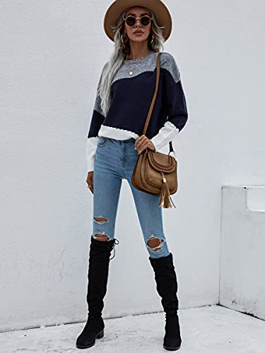 Image of ECOWISH Women Sweater Long Sleeve Color Block Knit Pullover Sweaters Crew Neck Patchwork Casual Loose Jumper Tops