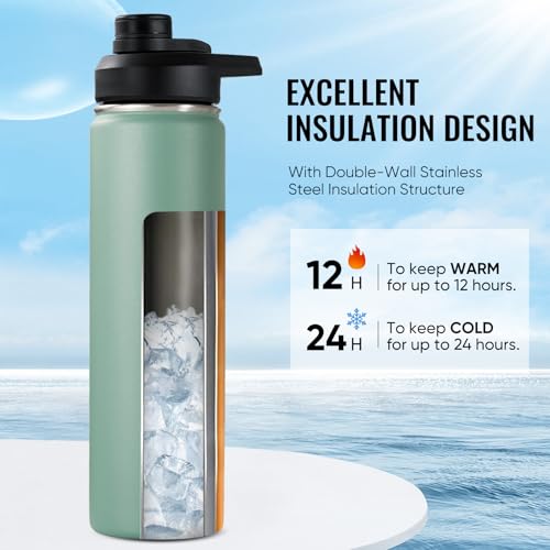 Image of Fijinhom Insulated Water Bottle with Handle, 304 Stainless Steel Water Bottles with Wide Mouth, Double Wall Vacuum Sports Water Bottle, BPA Free, Keep Cold and Hot, 24 Ounces, Forest Green