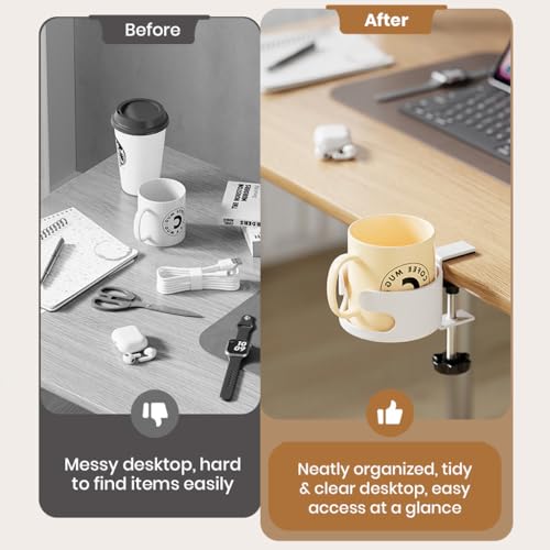 Image of HASTHIP Desk Cup Holder, Adjustable Screw-fix Installation, Spill-Proof Cup Holder, Universal Fit for Most Standard Cup, Drinks, Water Bottle & More, White