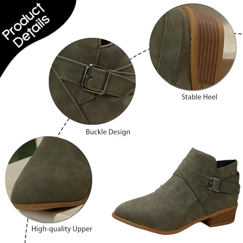 Women's Leather Buckle Strap Chunky Heel Ankle Boots with Side Zipper Fashion Comfortable Round Toe Low Stacked Heel Booties for Daily Casual Work Short Boots3