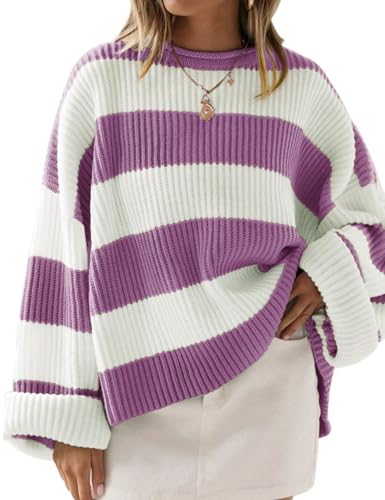 ZESICA Women's 2026 Fall Long Sleeve Oversized Striped Color Block Comfy Loose Crew Neck Knitted Pullover Sweater