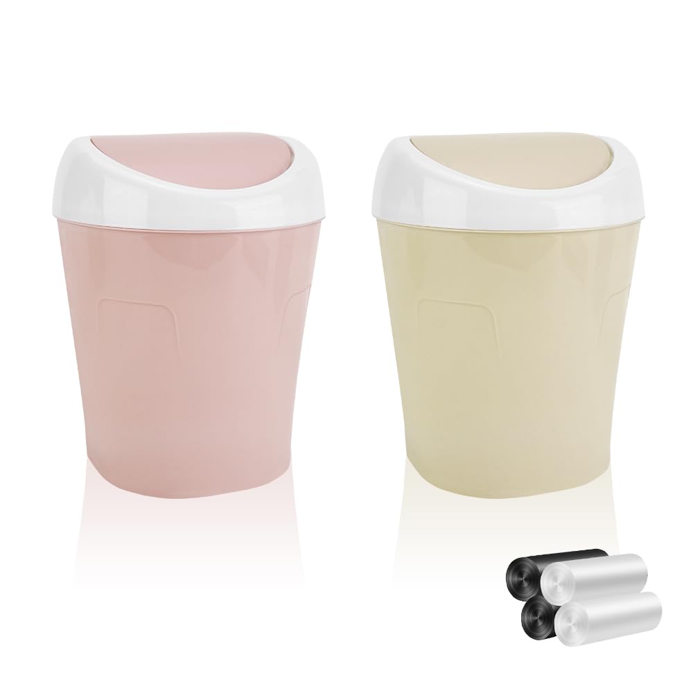 2PCS Small Bin with Lid, Plastic Mini Desktop Bins and 6 Rolls Bin Liners, Colorful Office Desk Compact Trash Can, Waste Paper Tea Bag Bathroom Bins for Vanity Tabletop,10.5x10.5x16.5cm (2PCS)
