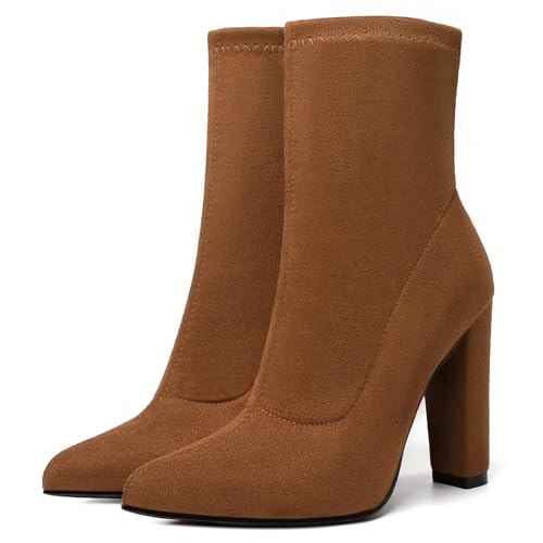 risdoada Brown Sock Boots for Women Ankle Booties Chunky Heeled Suede Pointed Toe Fall Winter Mid Calf Boots Party Dress Wedding