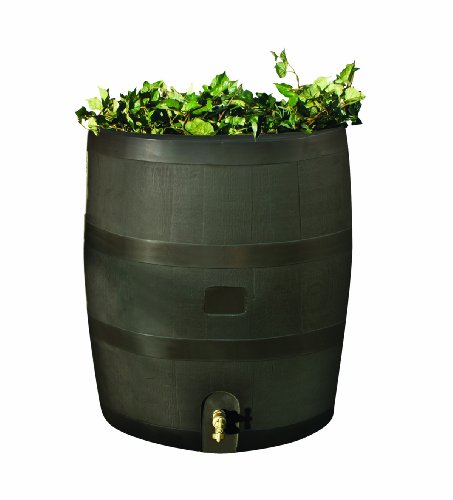 RTS Home Accents Round 35-Gallon Rain Barrel with Brass Spigot and Built-In Planter, Mud