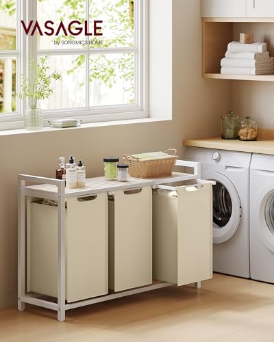 Image of VASAGLE Laundry Hamper, Laundry Basket Sorter with 3 Pull-Out and Removable Bags, Shelf, Metal Frame, 3 x 10.6 Gallons (40 L), 36.4 x 13 x 28.4 Inches, Cappuccino Beige and Natural Beige UBLH301LH01