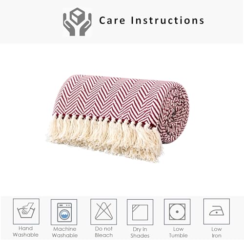 Image of Chevron 60x50 Inch Reversible Cotton Throw Blanket with Tassels| Blanket for Living Room, Sofa, Bed, Chair, Picnic & Used for Gift | Wine Maroon Wide Chevron, Size 150x125 cm