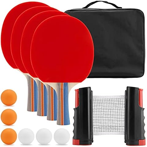 MUKLEI Table Tennis Set, Ping Pong Ball Set, 4 Bats and 6 Balls, Portable Ping Pong Paddle Sets with 175cm Extendable Net & Carrying Bag for Dining Table, Outdoor Game Cover