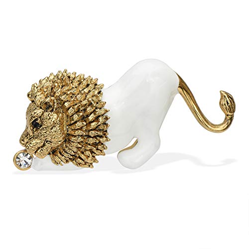 YYBONNIE Vintage Crystal Enamel Lion Brooch Antique Golden Leo Animal Lapel Pin Wildlife Corsages Jewelry for Men Women (White)