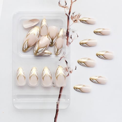 Pureglow Co Medium Press On Nails French Almond Fake Nails Gold Butterfly False Nails Tip With Lines Designs Acrylic Nails Nude Pink Glue On Nails Reusable Artificial Nails Cute Stick On Nails For Women 24Pcs thumb #2