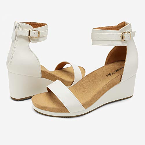 DREAM PAIRS DREAM PAIRS Women's Open Toe Buckle Ankle Strap Platform Wedge Sandals Summer Shoes,Size 8,White/Pu,NINI-6