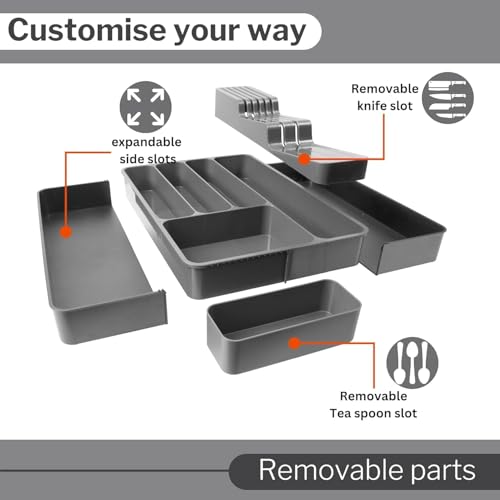 Image of Aroja Expandable Kitchen Drawer Organizer, 8-Slot BPA-Free Plastic Utensil Tray, Adjustable Flatware and Cutlery Holder for Spoons, Forks, and Knives, Kitchen Storage and Organization (Dark Grey)