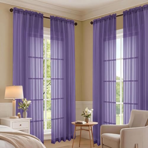 Image of Purple Bedroom Curtains 2 Panel Sets 96 Inch Length, 59 Inch Extra Wide Light Filtering Voile Drapes Light Airy Window Drapes for Patio Door Living Room Bedroom Dining, 59Wx96L Inches