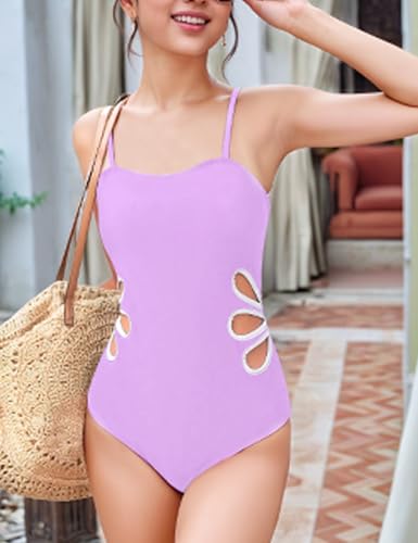 Arssm Girls One Piece Swimsuits Cut Out Bathing Suit with Cover Up Skirt Swimwear 8-14Y(Purple-14Y)3